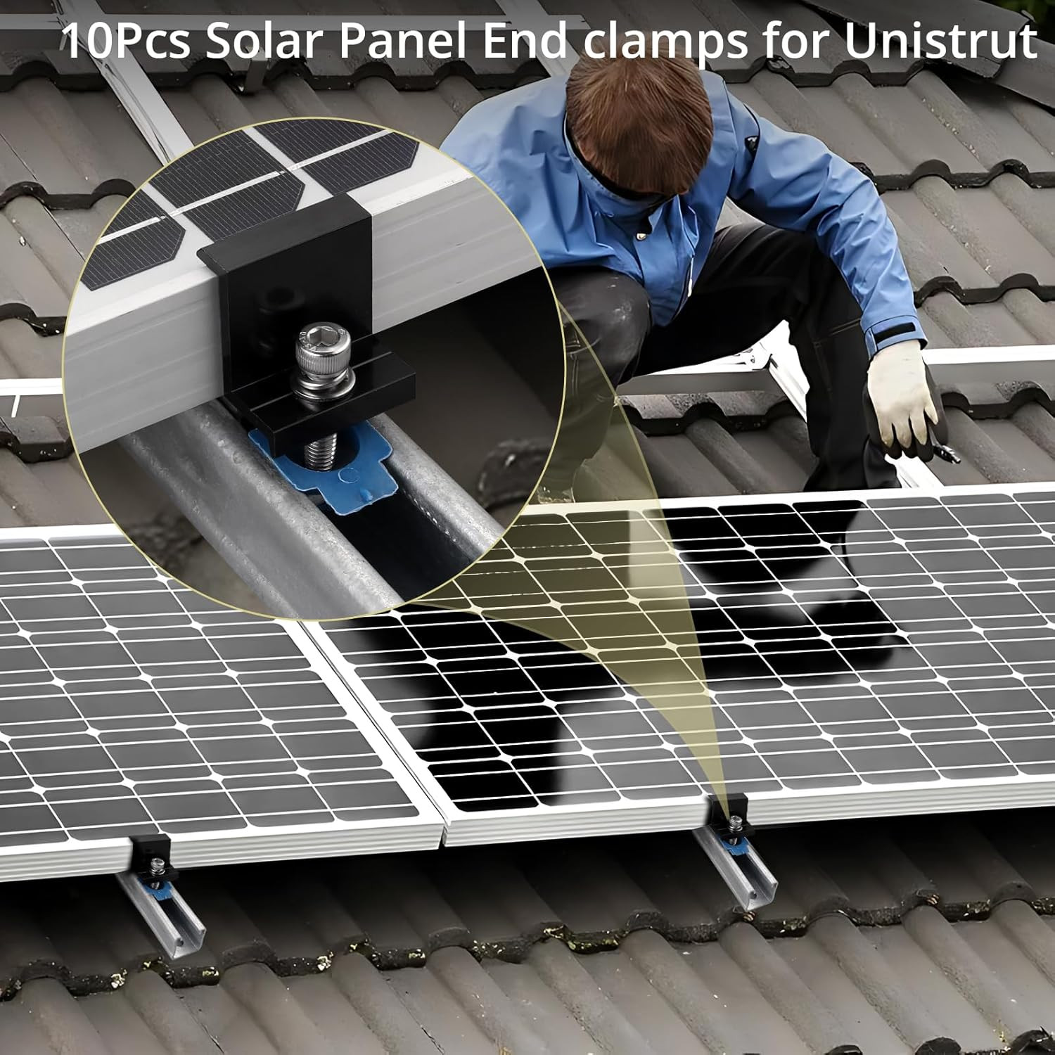 10Pcs Solar Panel End Clamp for Standard Unistrut, Aluminum 1.57″ Solar Panel Br