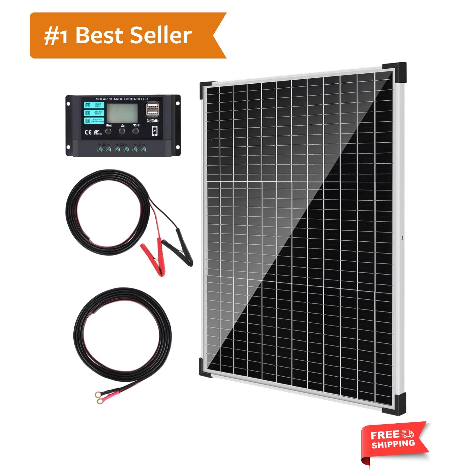 50W/12V Solar Panel Kit with 10A Charge Controller, Monocrystalline Solar Bat…